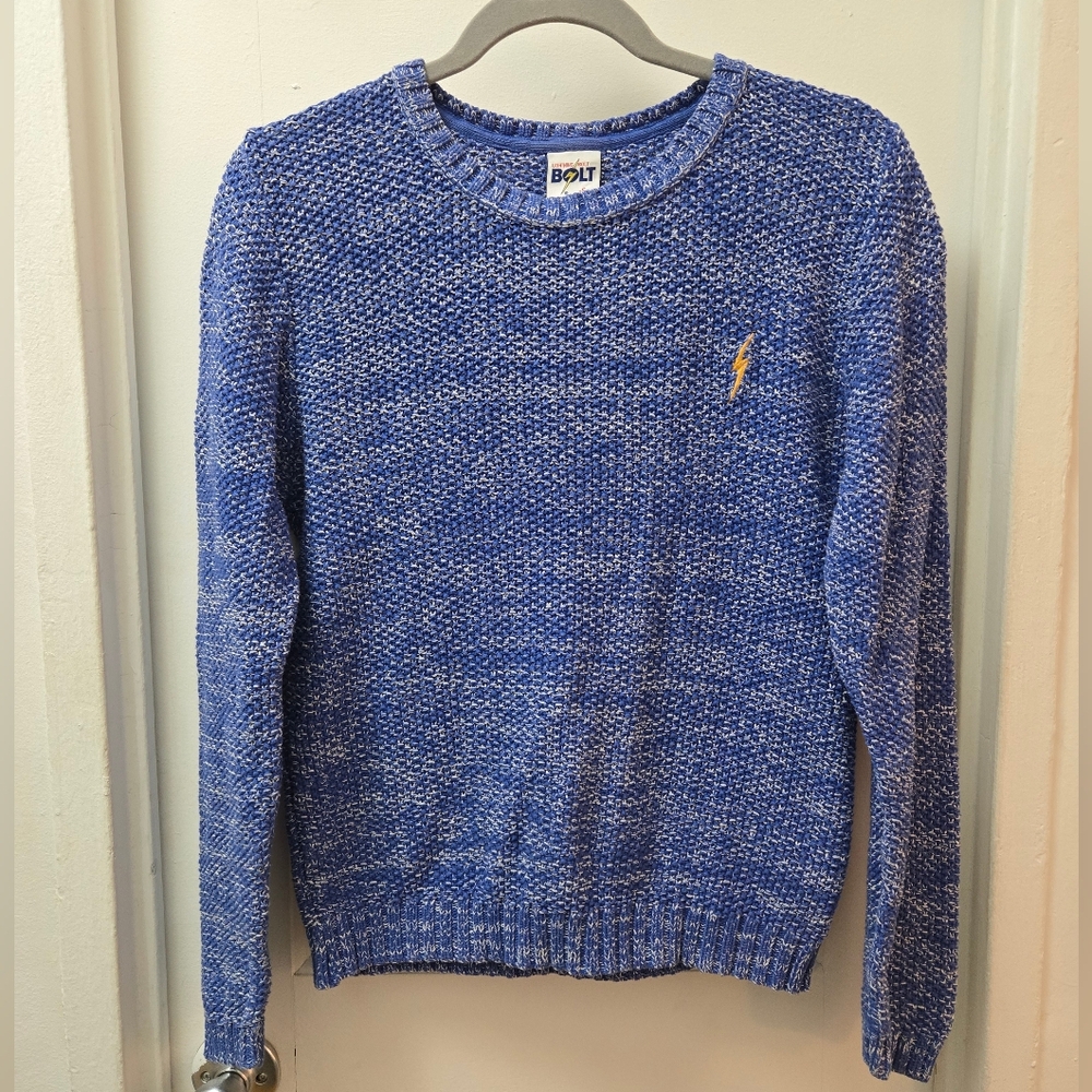 Lightning Bolt “A Pure Source” Blue Knit Cotton Crewneck Sweater • Small • Surf